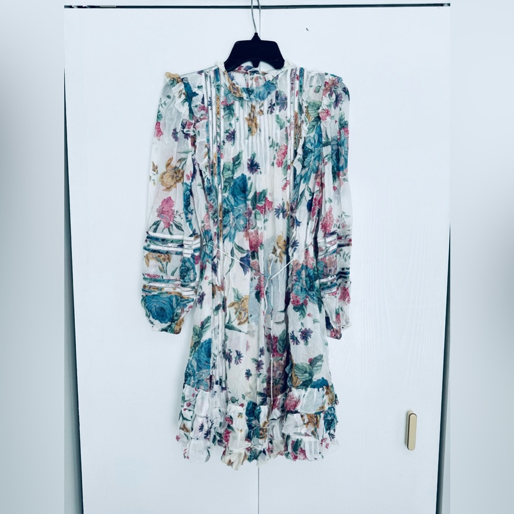 Zimmermann floral long sleeves dress with linen slip white multi color Au 0 US 4